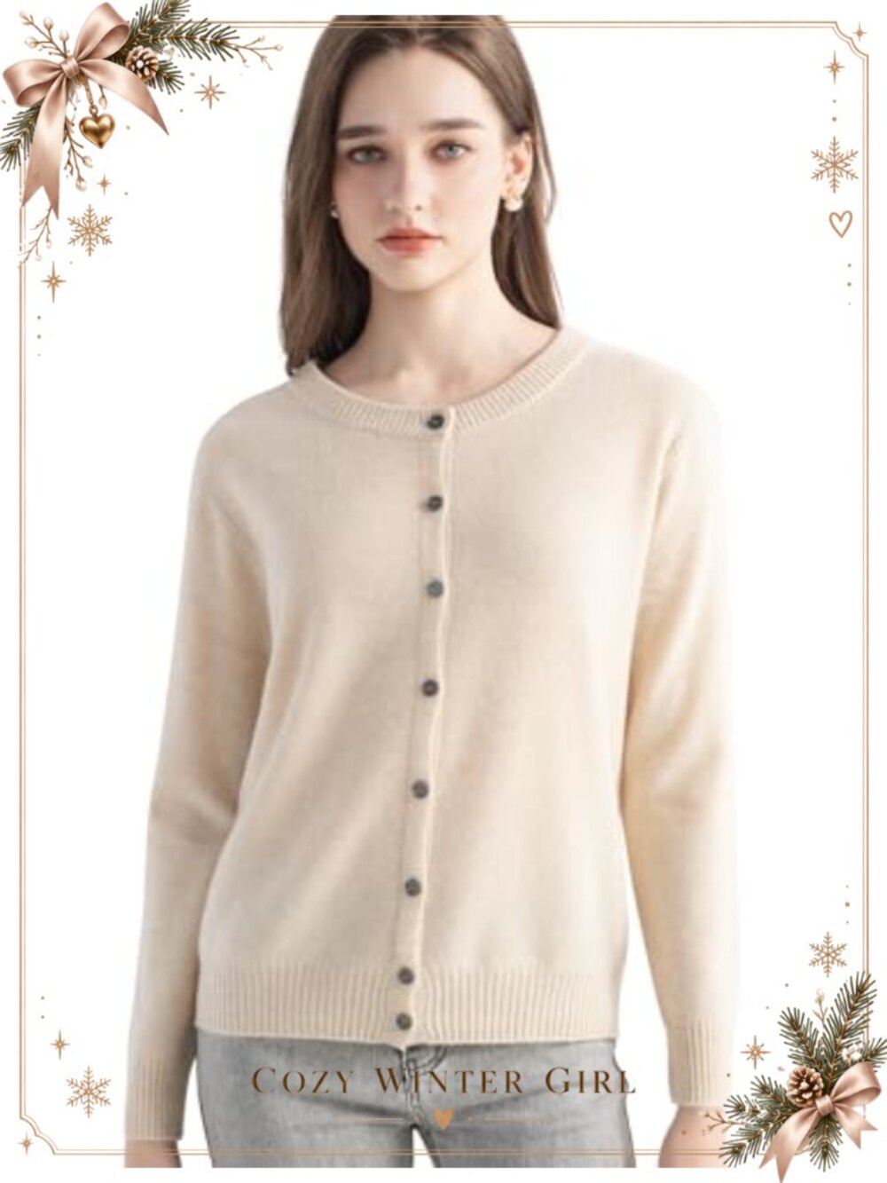 100% Inner Mongolia Cashmere Cardigan Crew Neck Long Sleeve Knit Sweater